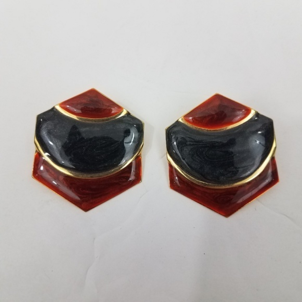 ! Vintage Earrings Red Black Gold‎ Tone Hexagon Stu
